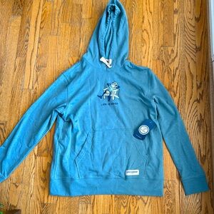 Men’s L Life is Good blue NWT hooded sweatshirt with hand pouch